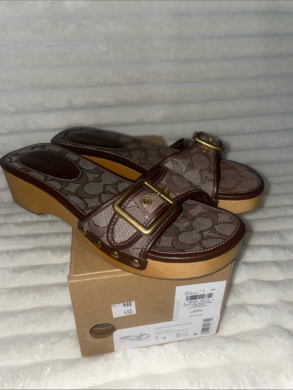 NIB Coach Margot Signature Oak/Maple Jacquard Wooden Platform Sandal Women’s 7